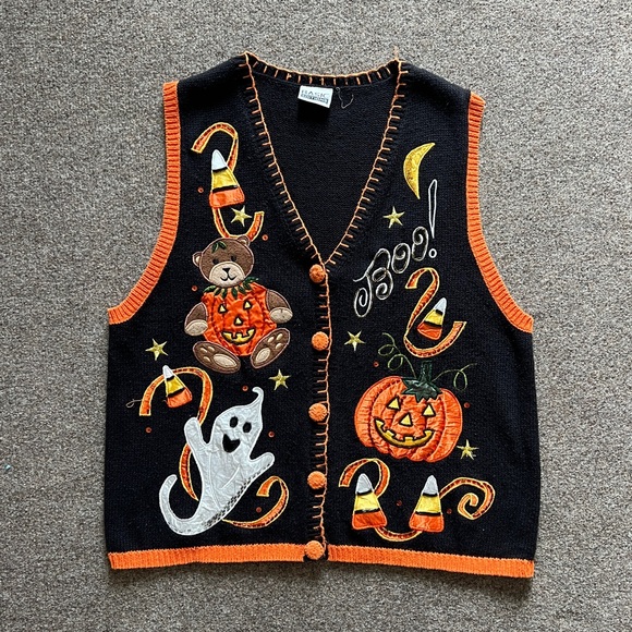 Vintage Embroidered Ugly Halloween Knit Cardigan Sweater Vest V Neck Grannycore - Picture 1 of 10